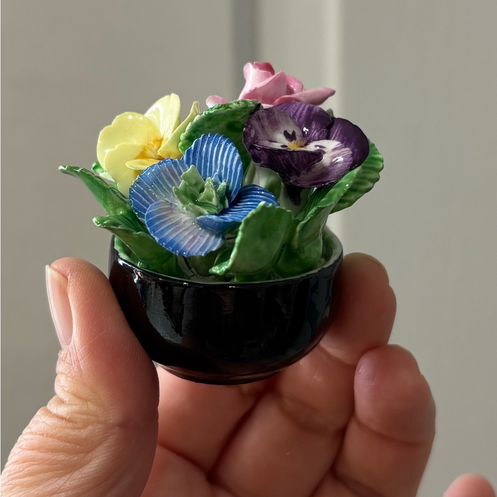 Vintage Coalport Floral Ceramic Miniature in Black Pot England collectible